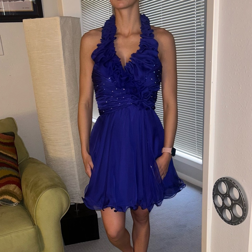 Indigo cocktail dress, halter top, ruffles, a-line